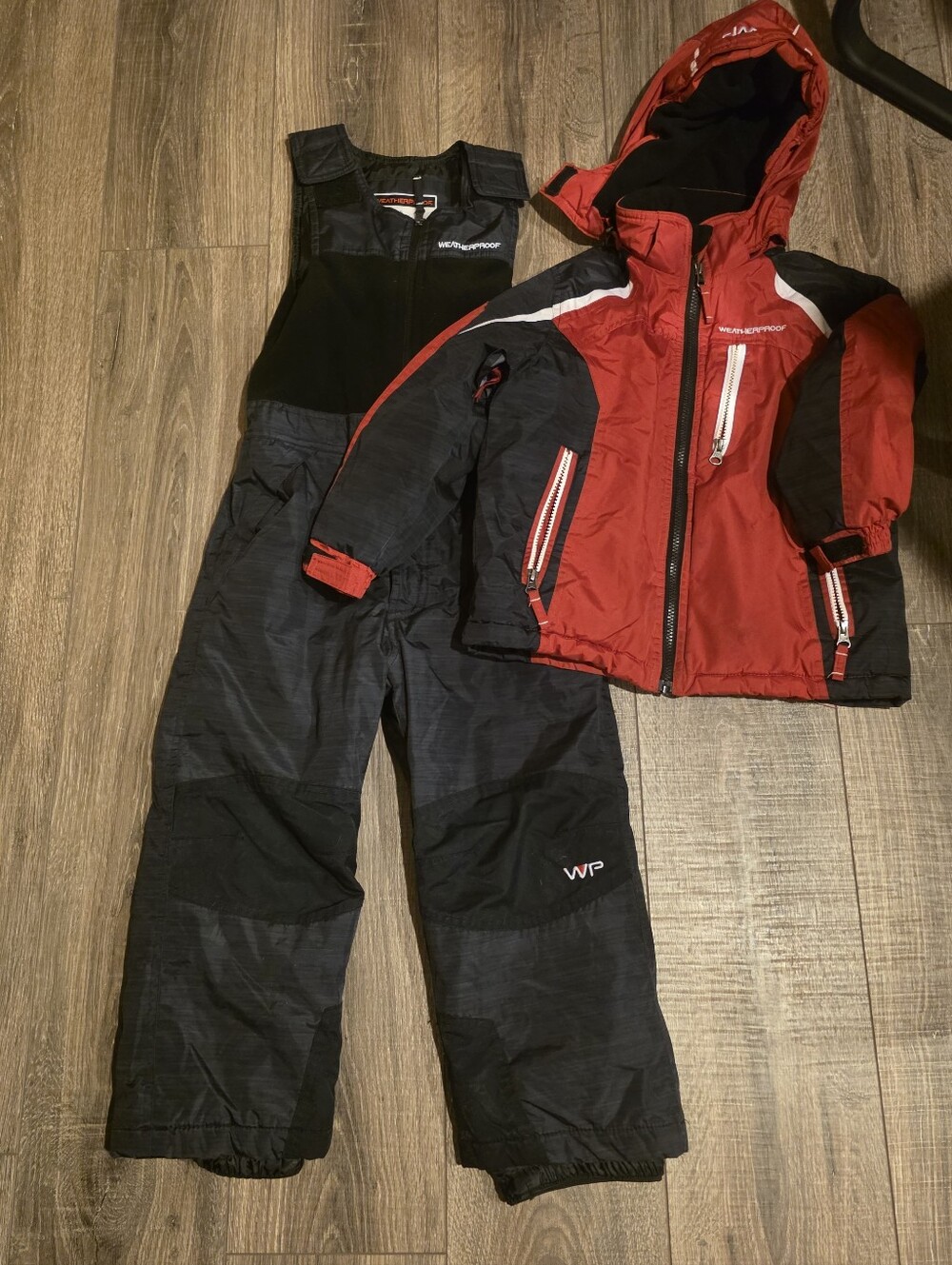 Weatherproof Red and Black Kids Snow Jacket with Black Bib Snow Pants Size 6